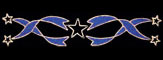 Cielo azul y estrellas (5.0x1.1m) manguera incandescente blanca y tapiz azul con guirnaldas blancas incandescentes en marco metálico compuesto de dos submarcos